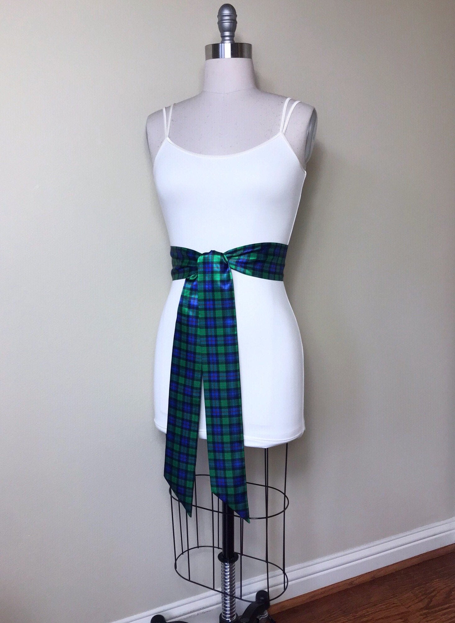 MacKenzie Tartan Sash, Scottish Tartan Belt, Green & Blue Plaid Sash Belt, Clan MacKenzie Tartan Accessories, Green Plaid Sash, Satin Swank
