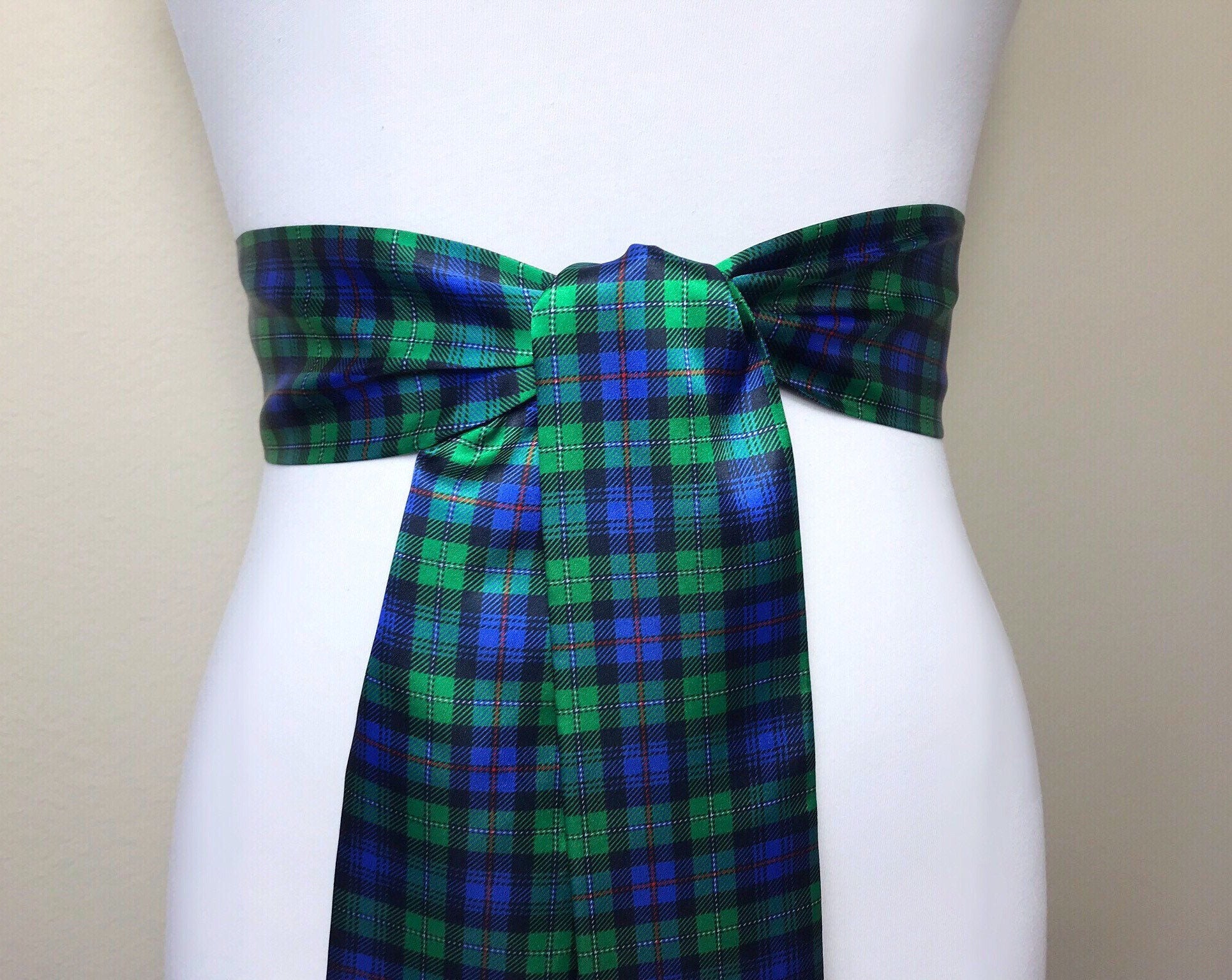 MacKenzie Tartan Sash, Scottish Tartan Belt, Green & Blue Plaid Sash Belt, Clan MacKenzie Tartan Accessories, Green Plaid Sash, Satin Swank
