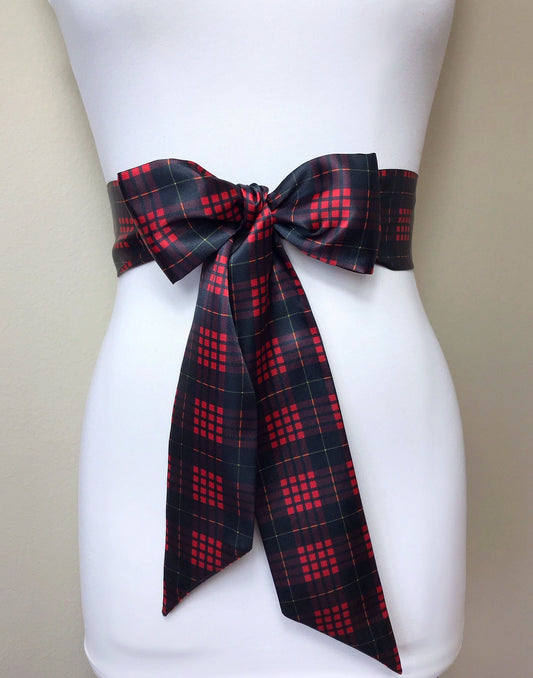MacQueen Tartan Sash, Scottish Tartan Belt, Red & Black Plaid Sash Belt, Clan MacQueen Tartan Accessories, Red Black Satin Sash, Satin Swank