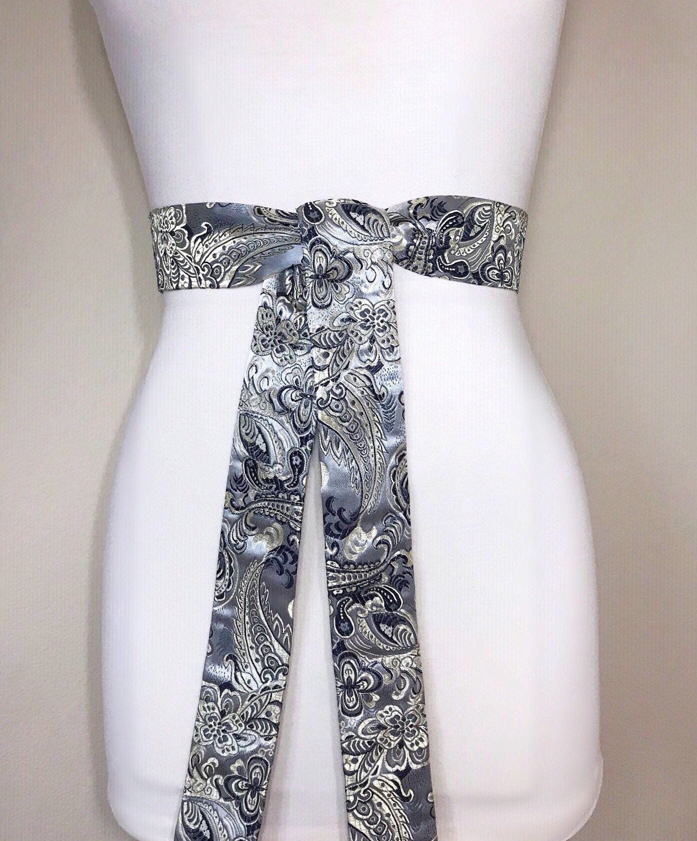 Silver & Gold Chinese Brocade Sash, Silver Sash in Satin Brocade, Silver Obi Belt, Asian Brocade Sash, Silver Kimono Sash Belt, Satin Swank