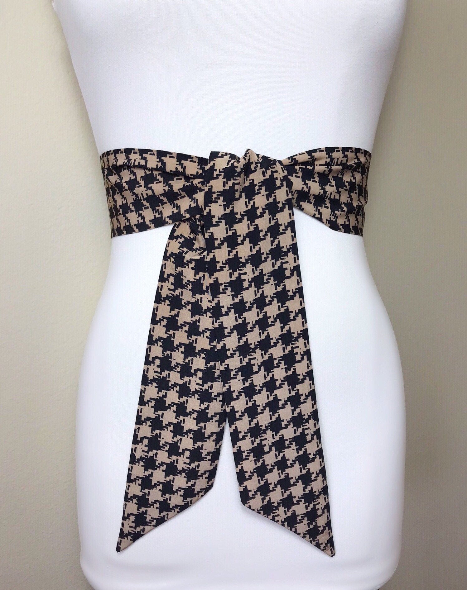Black & Brown Houndstooth Sash Belt, Brown and Black Sash, Houndstooth Check Sash, Black Brown Dress Sash, Dogstooth Check Belt, Satin Swank