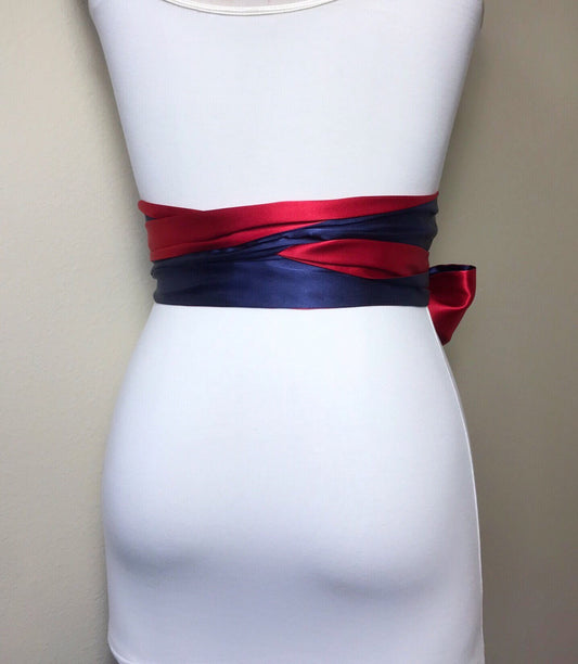 Navy & Red Sash, Red and Navy Sash Belt, Red Satin Sash, Navy Satin Sash, Navy Red Wedding, Patriotic Dress, Patriotic Wedding, Satin Swank