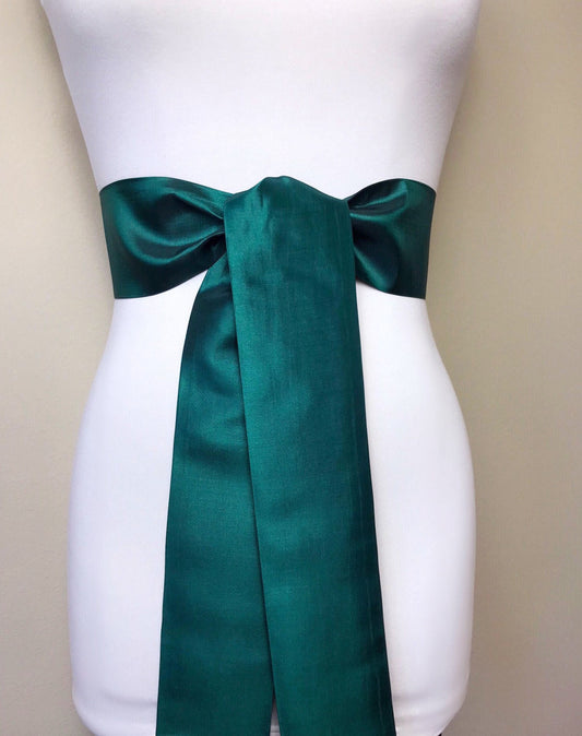 Crisp Taffeta Sash in Spruce Green, Taffeta Bow Belt, Formal Dress Sash, Christmas Sash, Holiday Sash, Satin Swank