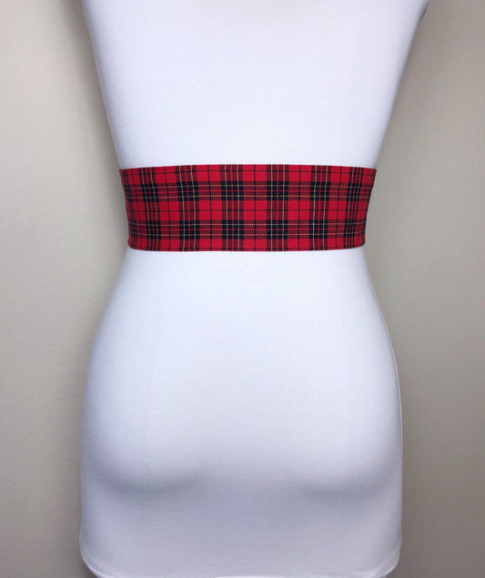 Wide Red & Black Plaid Sash, Black and Red Tartan Sash Belt, Red Black Tartan Sash, Tartan Accessories, Red Plaid Sash, Satin Swank