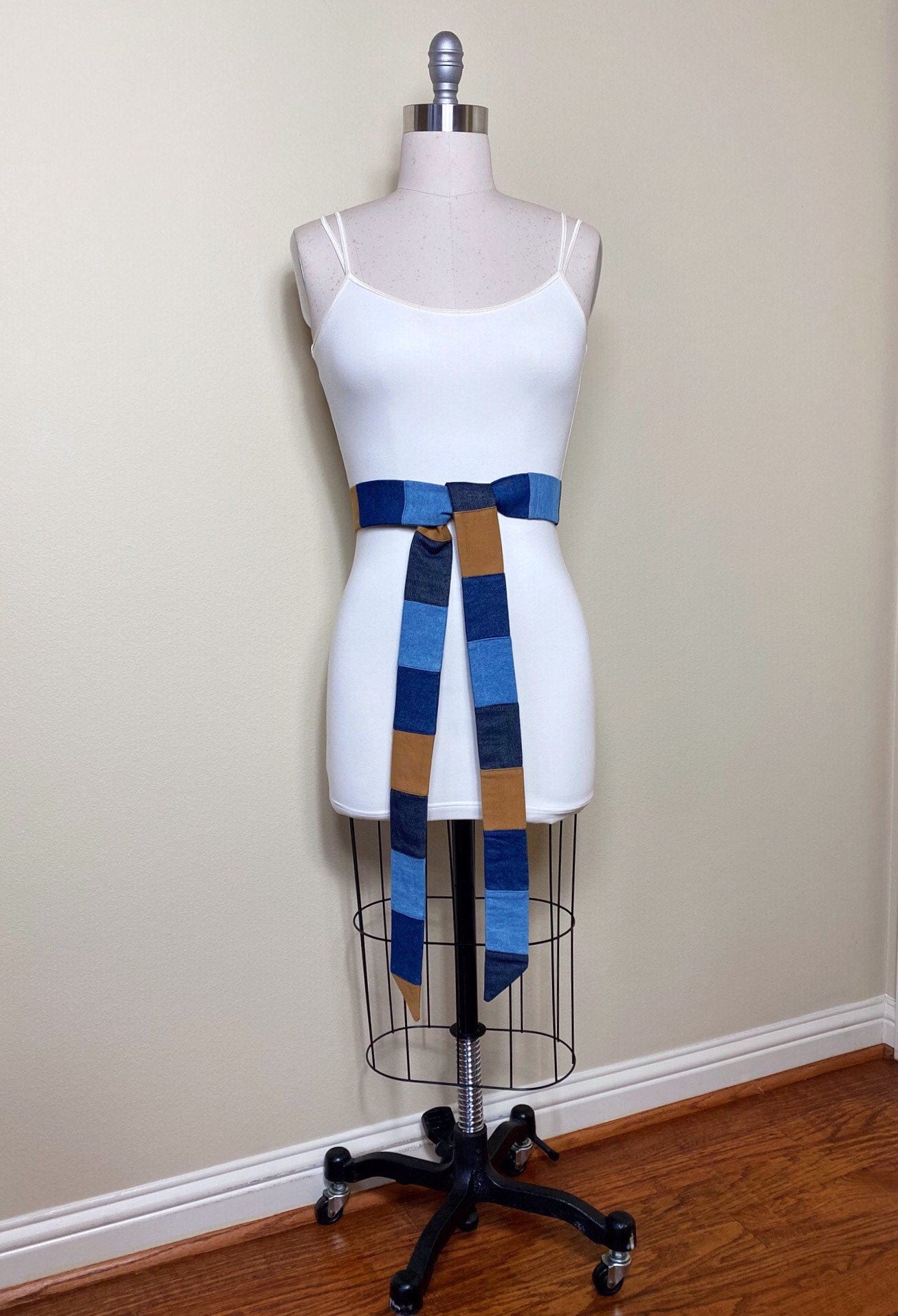 Mixed Denim Sash Belt, Multi Color Denim Belt, Denim Accessories, Patchwork Denim, Retro Denim Belt, Vintage Denim Accessories, Satin Swank