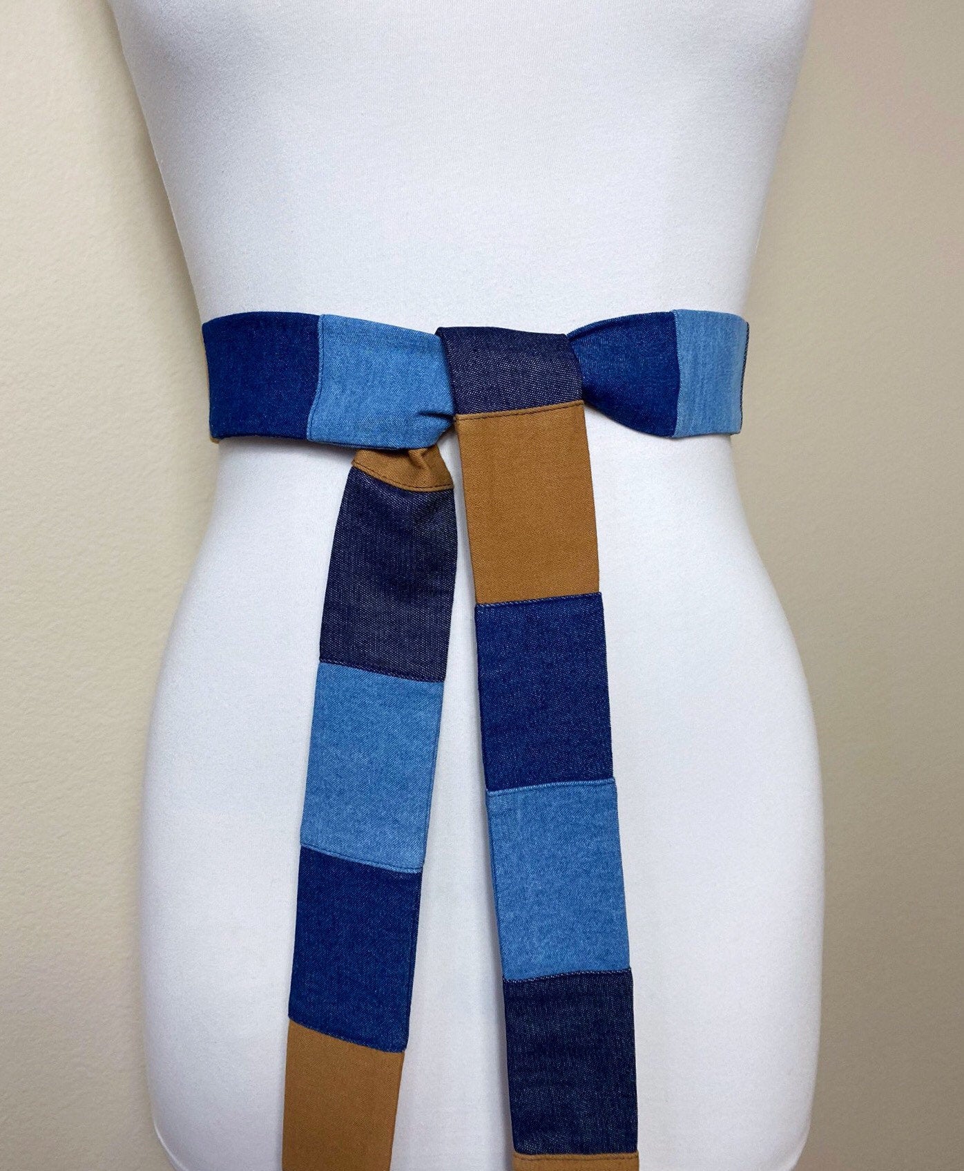 Mixed Denim Sash Belt, Multi Color Denim Belt, Denim Accessories, Patchwork Denim, Retro Denim Belt, Vintage Denim Accessories, Satin Swank