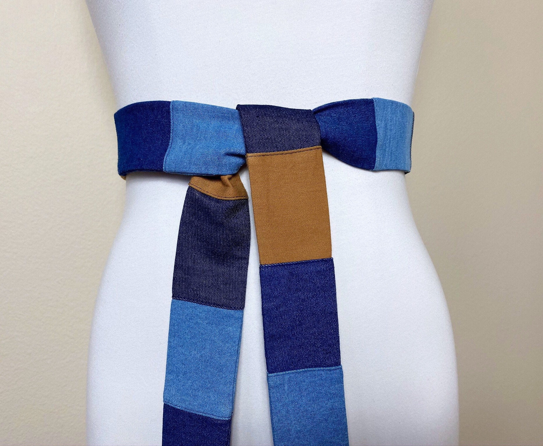 Mixed Denim Sash Belt, Multi Color Denim Belt, Denim Accessories, Patchwork Denim, Retro Denim Belt, Vintage Denim Accessories, Satin Swank