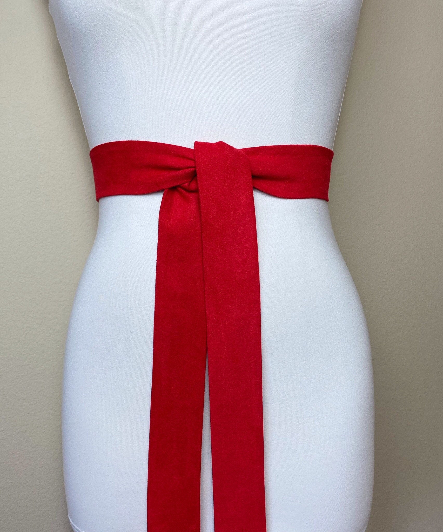 Narrow Ultra Suede Sash in True Red, Suede Cloth Sash Belt, Red Microsuede Sash, Suede Accessories Christmas Red Ultrasuede Belt Satin Swank