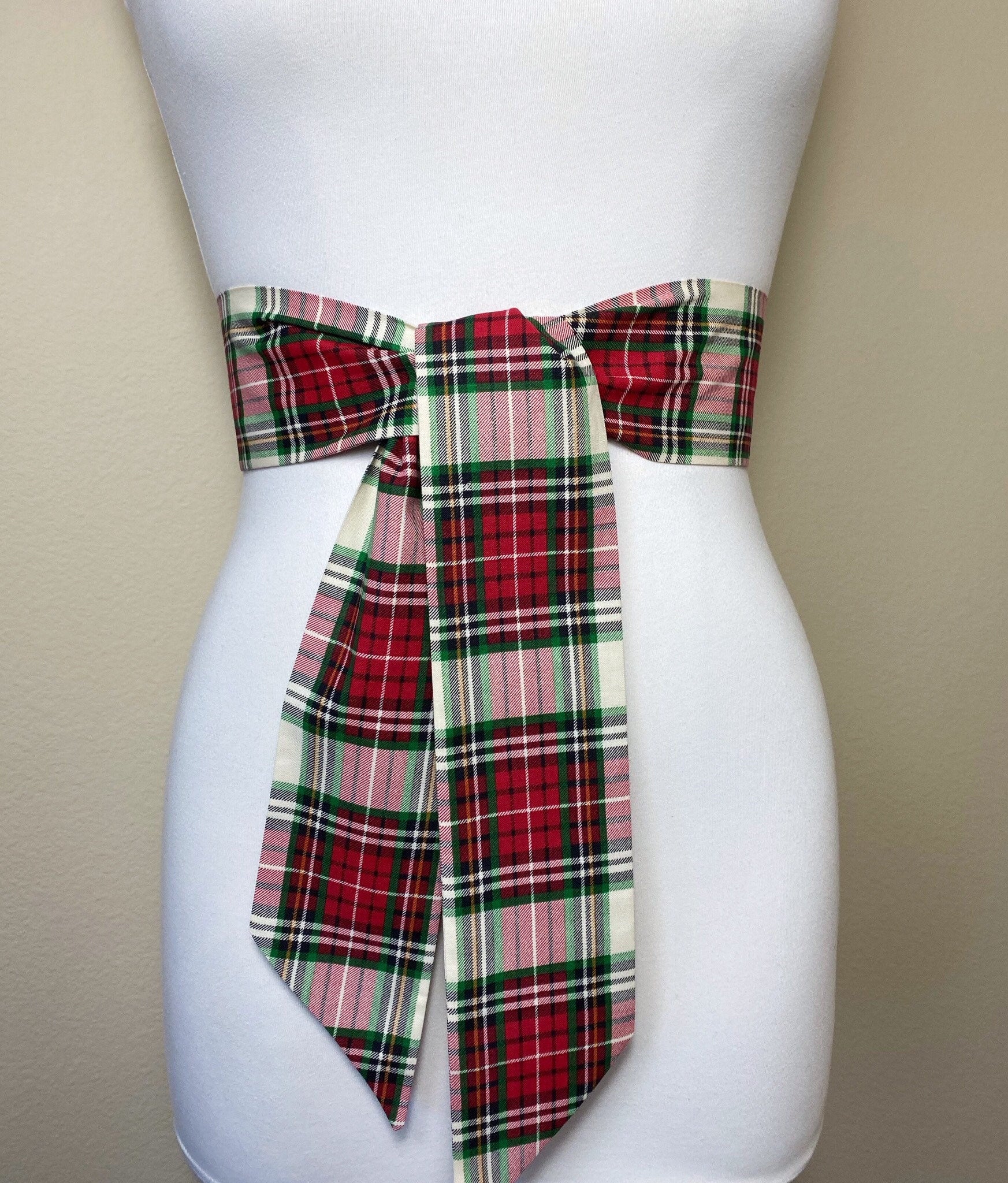 Large Print Stewart Dress Tartan Sash Belt, Wide Stewart Tartan Plaid Sash, Ivory & Red Plaid Sash, Scottish Tartan Accessories, Satin Swank