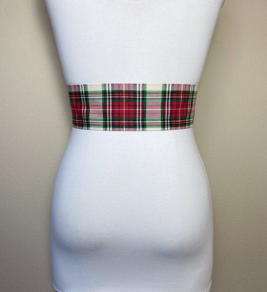 Large Print Stewart Dress Tartan Sash Belt, Wide Stewart Tartan Plaid Sash, Ivory & Red Plaid Sash, Scottish Tartan Accessories, Satin Swank