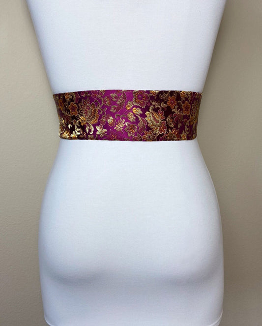 Wide Plum & Gold Chinese Brocade Sash, Plum and Gold Brocade Sash Belt, Gold and Plum Obi Belt, Kimono Sash Belt, Asian Brocade, Satin Swank