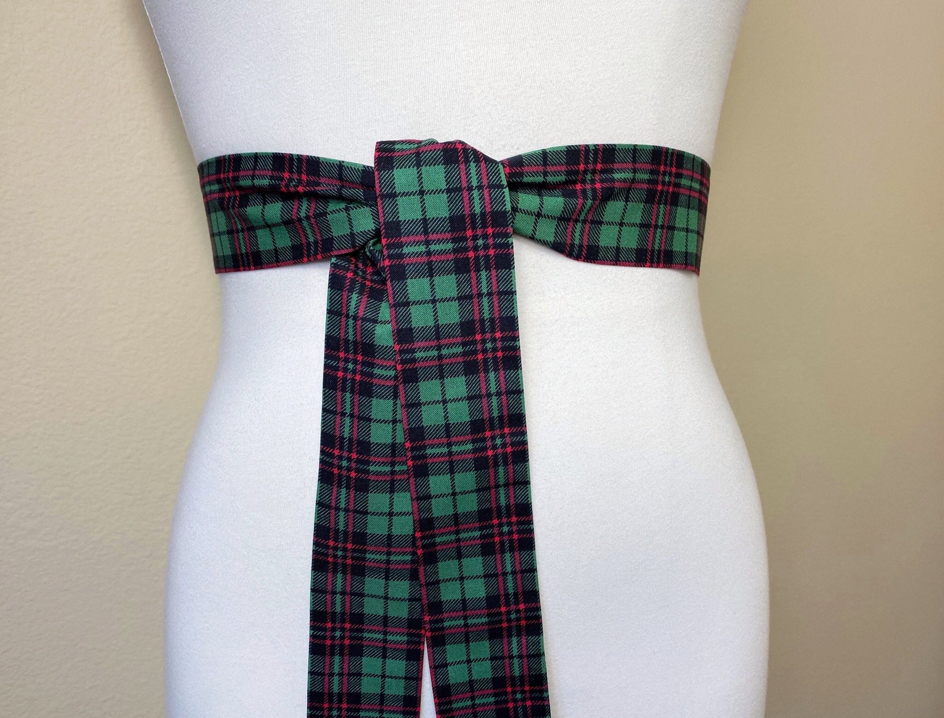 Narrow Green & Red Plaid Sash, Christmas Plaid Sash Belt, Red Green Tartan Sash, Green Plaid Sash Belt, Christmas Tartan Sash, Satin Swank