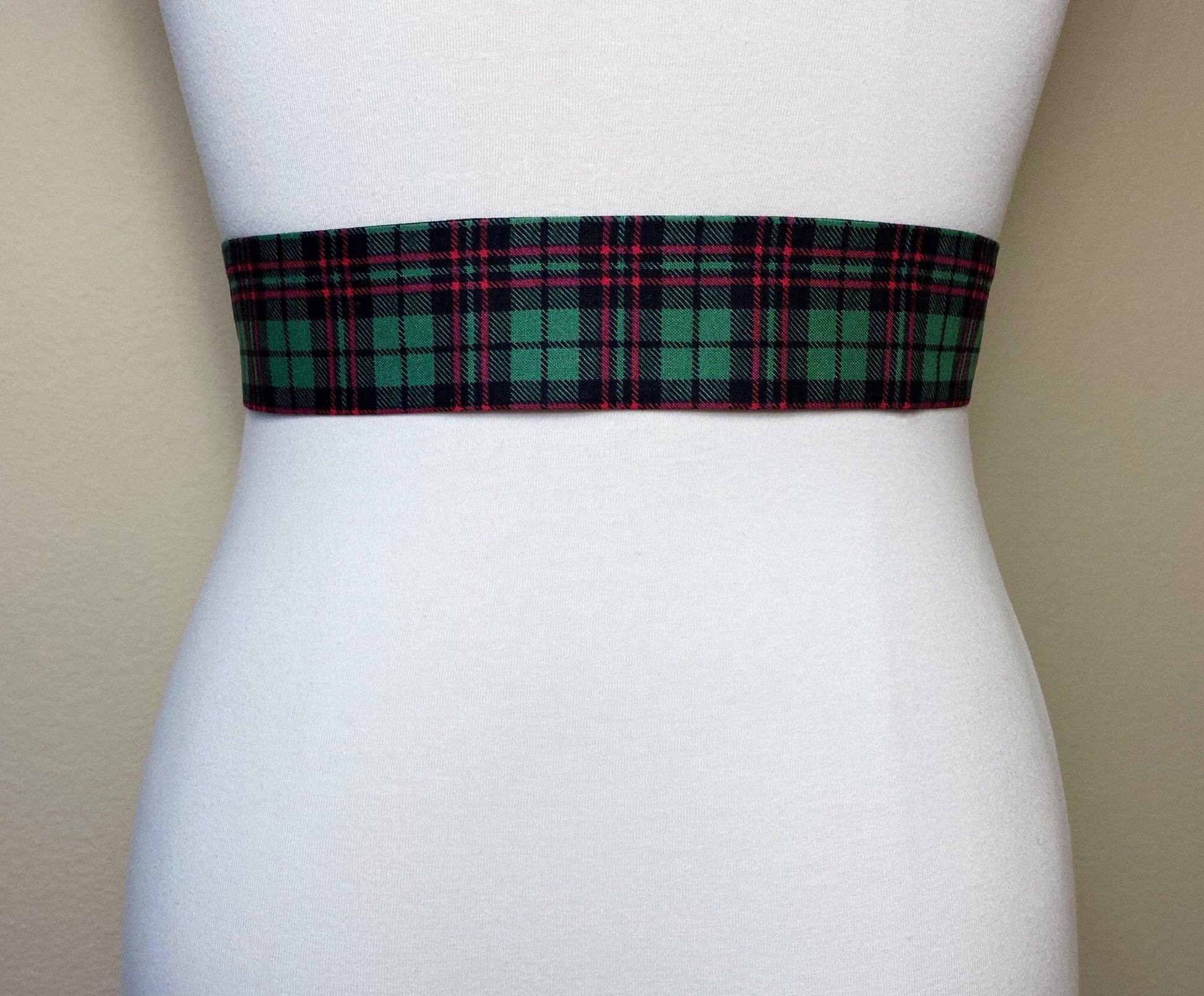 Narrow Green & Red Plaid Sash, Christmas Plaid Sash Belt, Red Green Tartan Sash, Green Plaid Sash Belt, Christmas Tartan Sash, Satin Swank