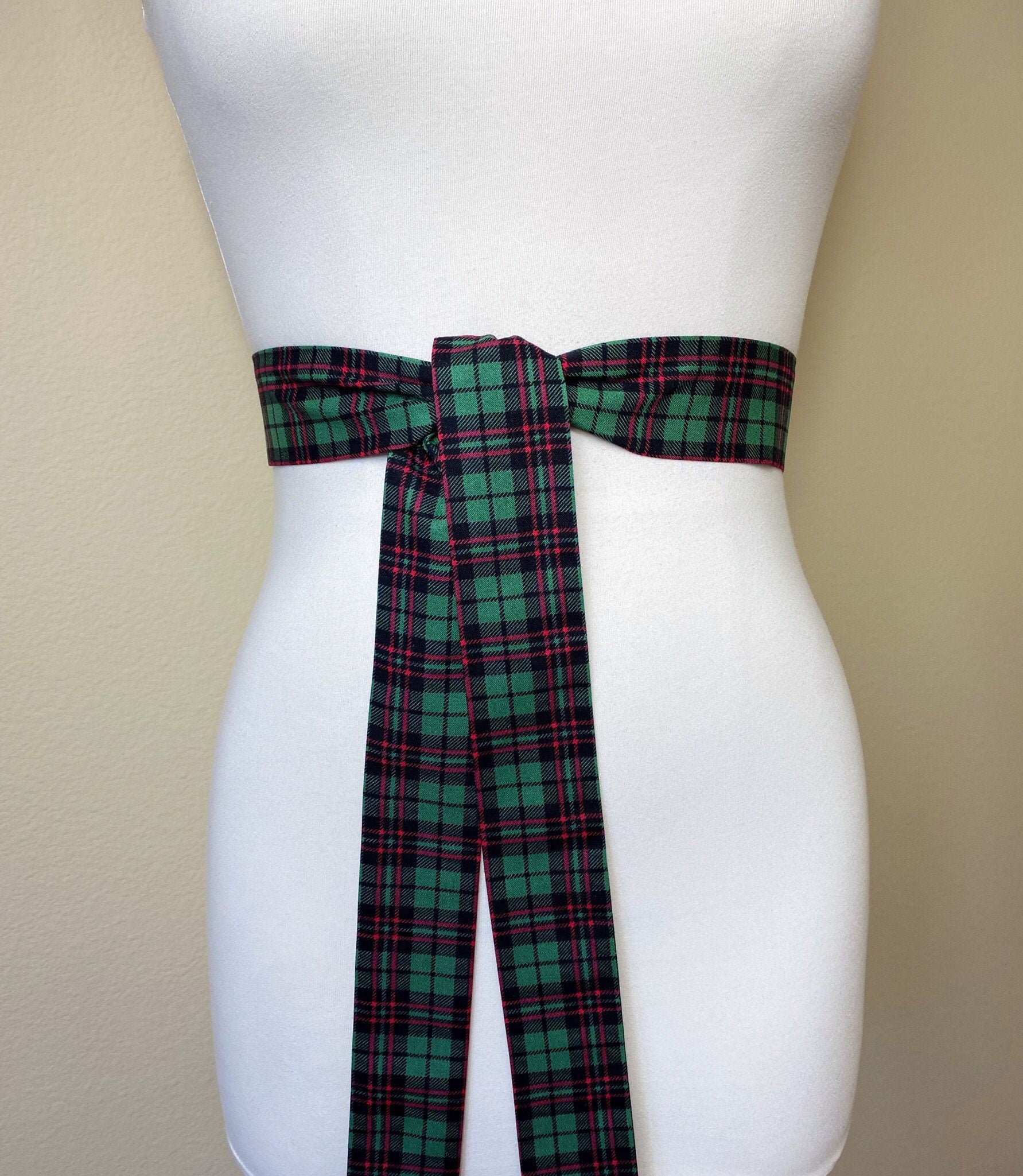 Narrow Green & Red Plaid Sash, Christmas Plaid Sash Belt, Red Green Tartan Sash, Green Plaid Sash Belt, Christmas Tartan Sash, Satin Swank