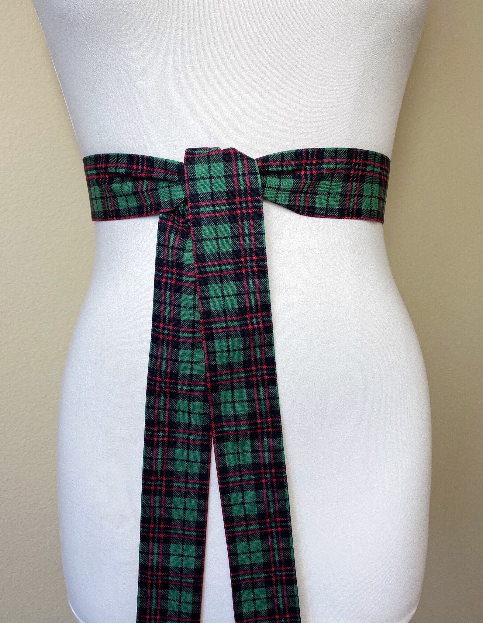 Narrow Green & Red Plaid Sash, Christmas Plaid Sash Belt, Red Green Tartan Sash, Green Plaid Sash Belt, Christmas Tartan Sash, Satin Swank