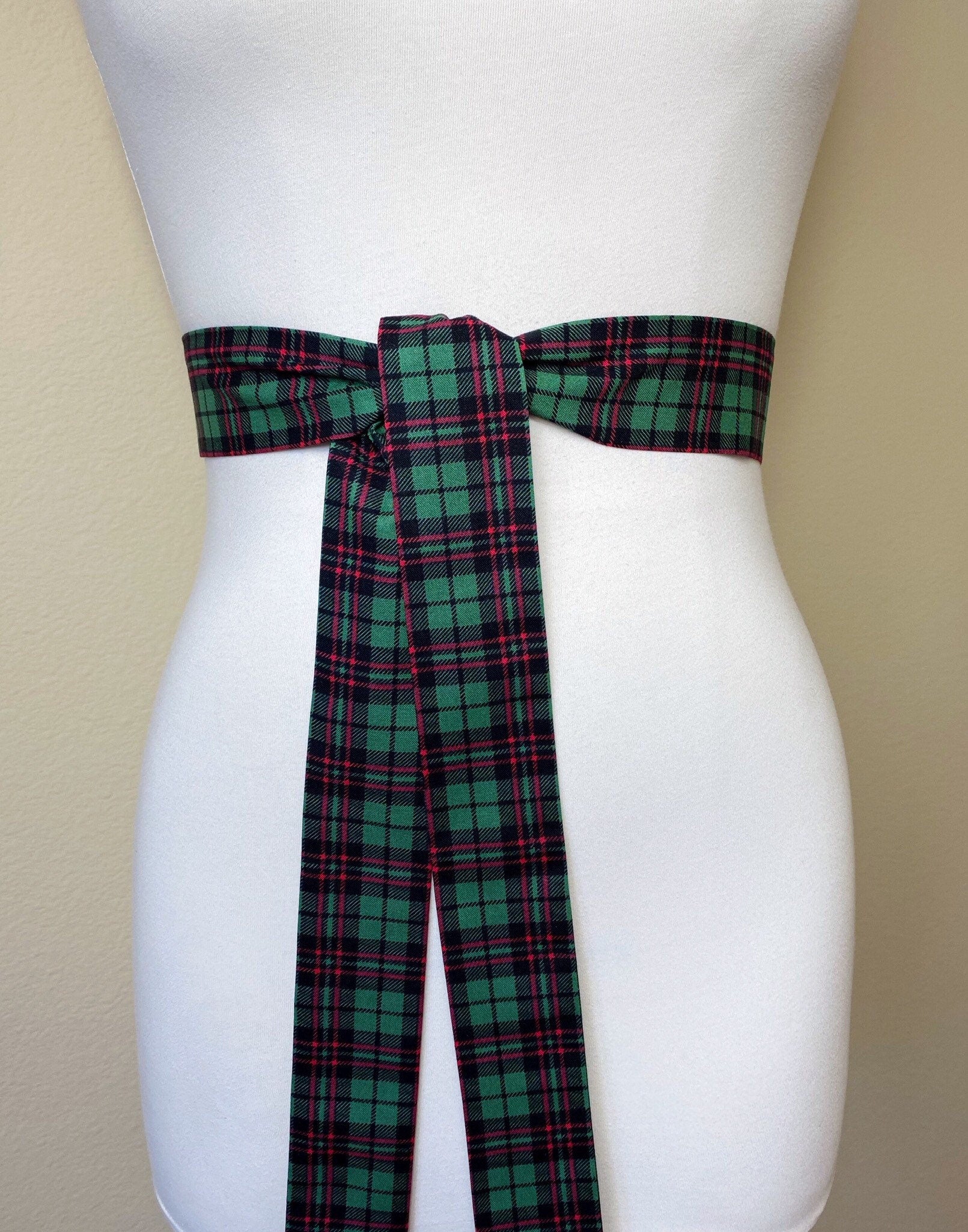 Narrow Green & Red Plaid Sash, Christmas Plaid Sash Belt, Red Green Tartan Sash, Green Plaid Sash Belt, Christmas Tartan Sash, Satin Swank