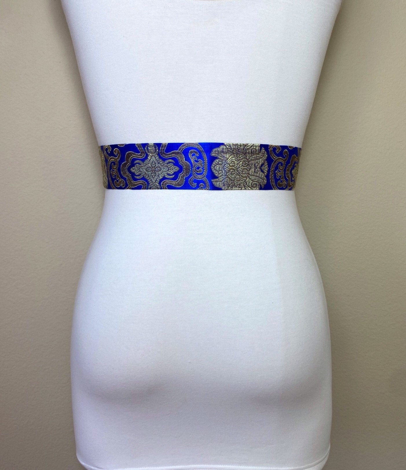 Narrow Blue & Gold Chinese Brocade Sash, Gold and Blue Brocade Sash Belt, Blue Gold Obi Belt, Kimono Sash Belt, Asian Brocade, Satin Swank