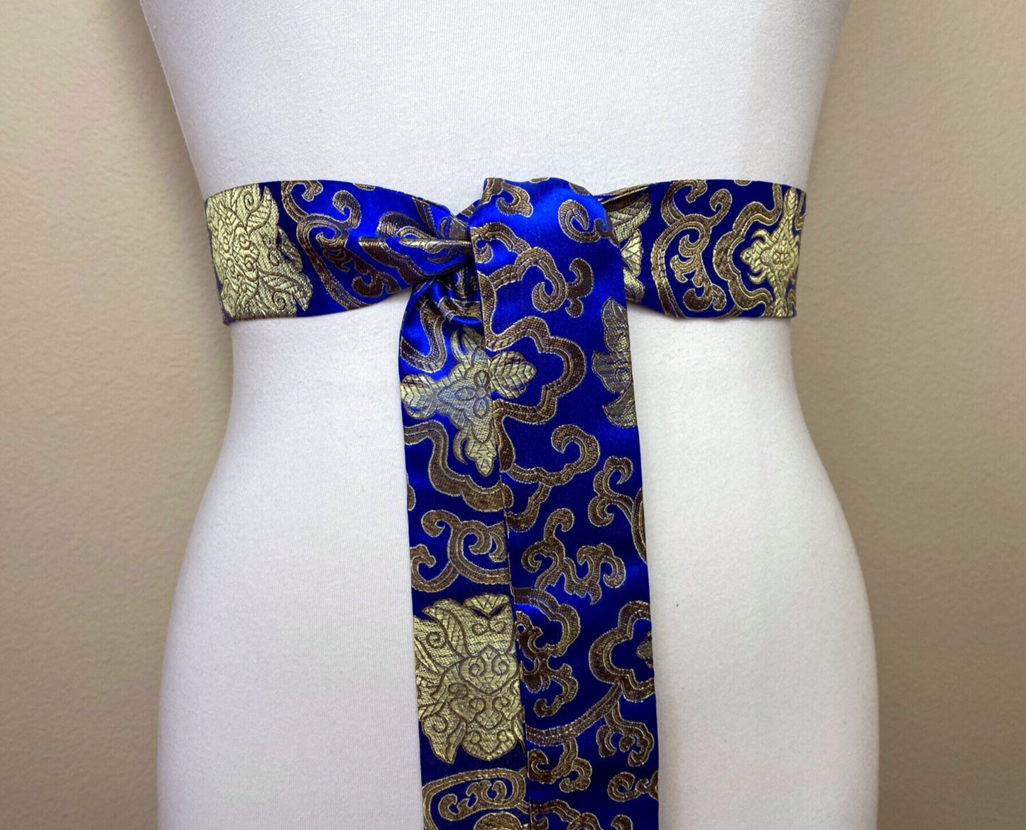 Narrow Blue & Gold Chinese Brocade Sash, Gold and Blue Brocade Sash Belt, Blue Gold Obi Belt, Kimono Sash Belt, Asian Brocade, Satin Swank