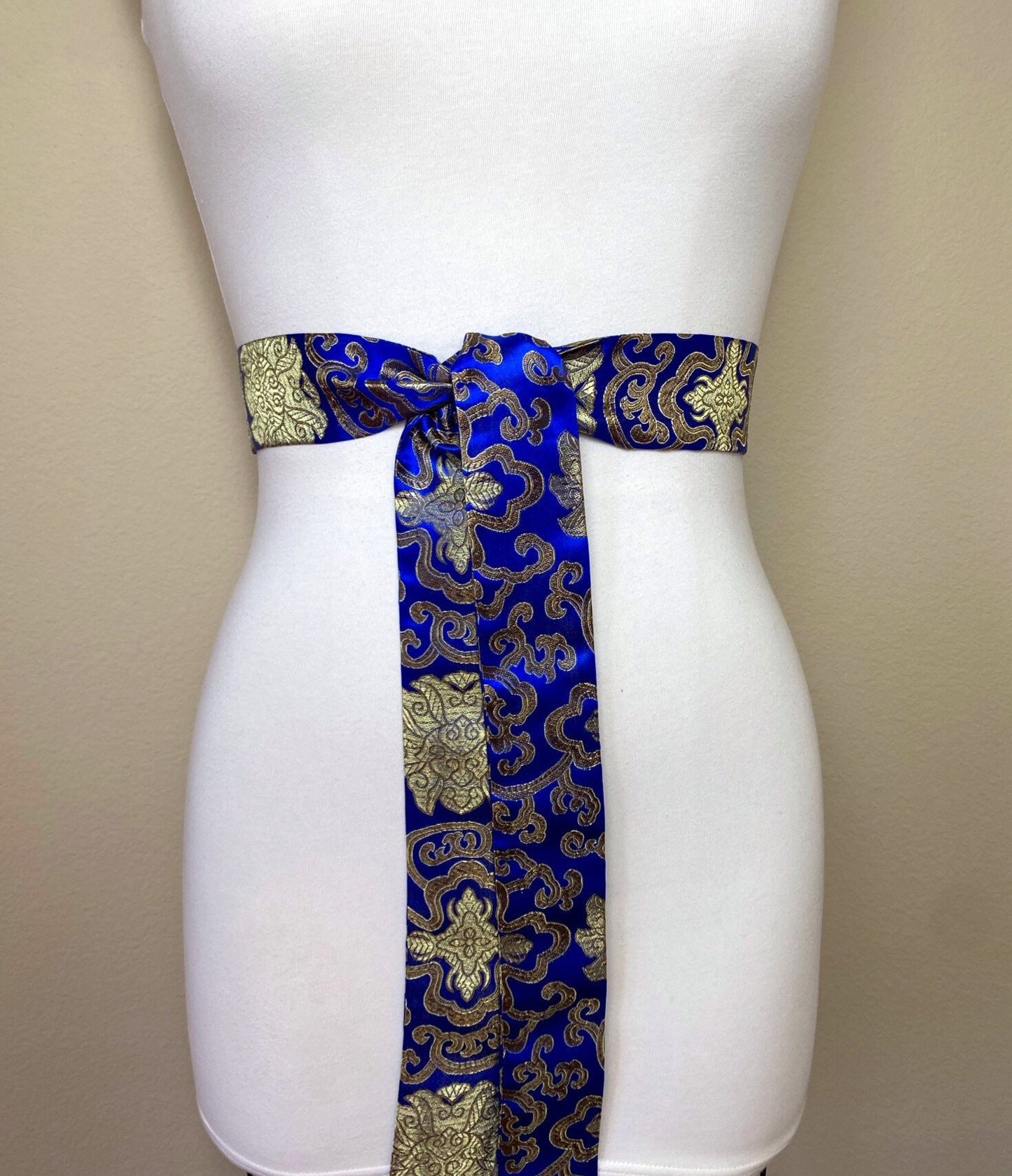 Narrow Blue & Gold Chinese Brocade Sash, Gold and Blue Brocade Sash Belt, Blue Gold Obi Belt, Kimono Sash Belt, Asian Brocade, Satin Swank