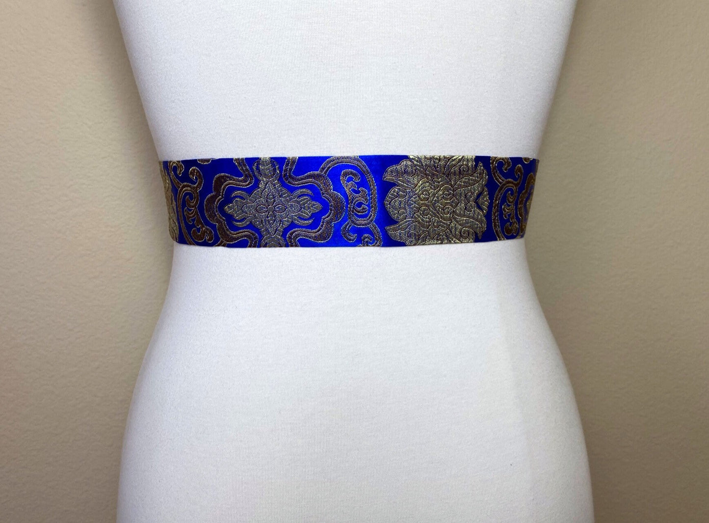 Narrow Blue & Gold Chinese Brocade Sash, Gold and Blue Brocade Sash Belt, Blue Gold Obi Belt, Kimono Sash Belt, Asian Brocade, Satin Swank