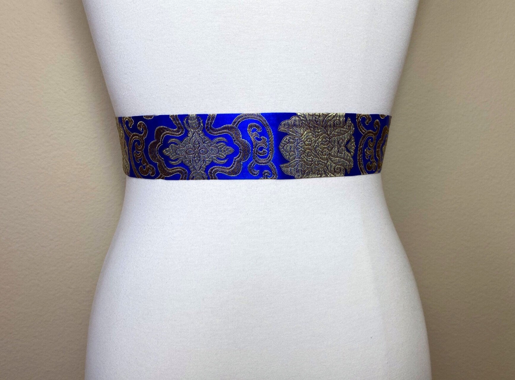 Narrow Blue & Gold Chinese Brocade Sash, Gold and Blue Brocade Sash Belt, Blue Gold Obi Belt, Kimono Sash Belt, Asian Brocade, Satin Swank