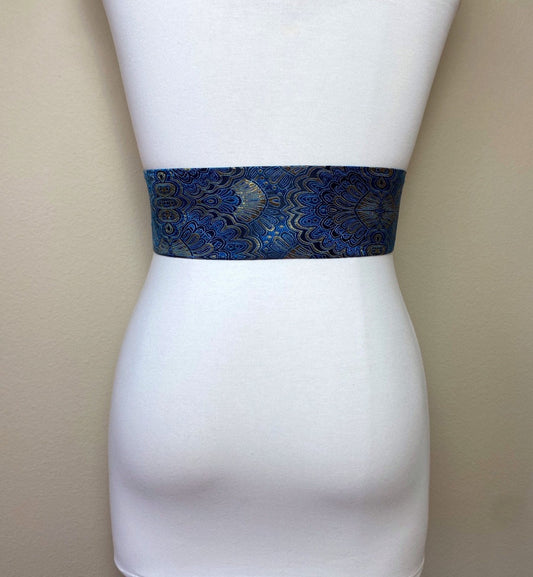 Wide Sapphire Blue & Gold Chinese Brocade Sash, Gold and Blue Brocade Sash Belt, Blue Obi Belt, Kimono Sash Belt, Asian Brocade, Satin Swank