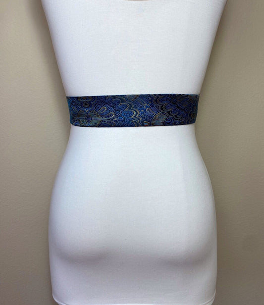Narrow Sapphire Blue & Gold Chinese Brocade Sash, Gold and Blue Brocade Sash Belt, Obi Belt, Kimono Sash Belt, Asian Brocade, Satin Swank