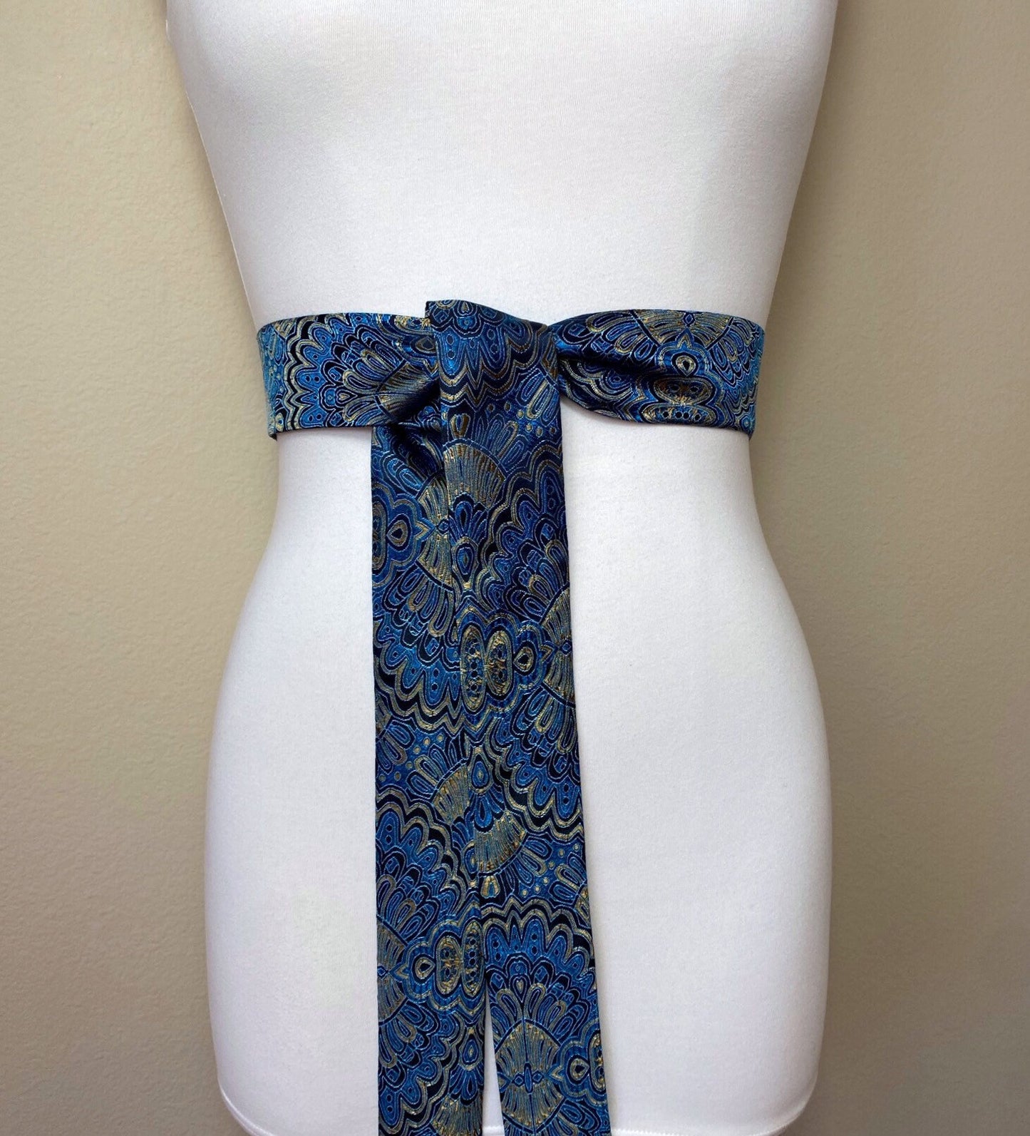 Narrow Sapphire Blue & Gold Chinese Brocade Sash, Gold and Blue Brocade Sash Belt, Obi Belt, Kimono Sash Belt, Asian Brocade, Satin Swank