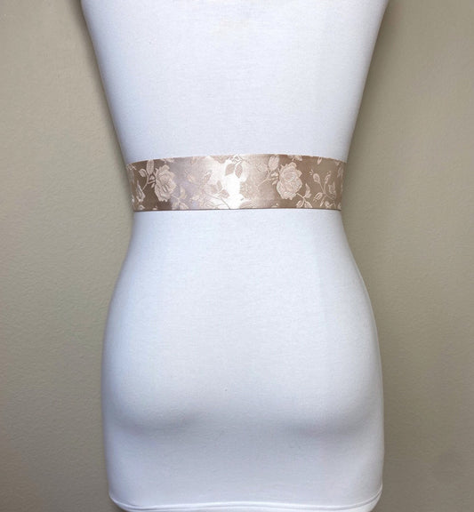 Narrow Champagne Satin Sash in Rose Jacquard, Champagne Rose Sash, Wedding Dress Sash, Bridesmaid Sash, Champagne Wedding, Satin Swank