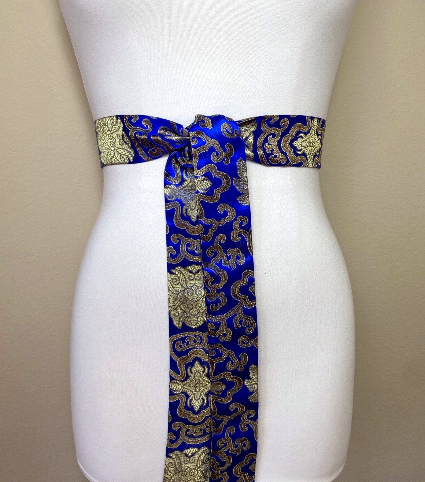 Narrow Blue & Gold Chinese Brocade Sash, Gold and Blue Brocade Sash Belt, Blue Gold Obi Belt, Kimono Sash Belt, Asian Brocade, Satin Swank