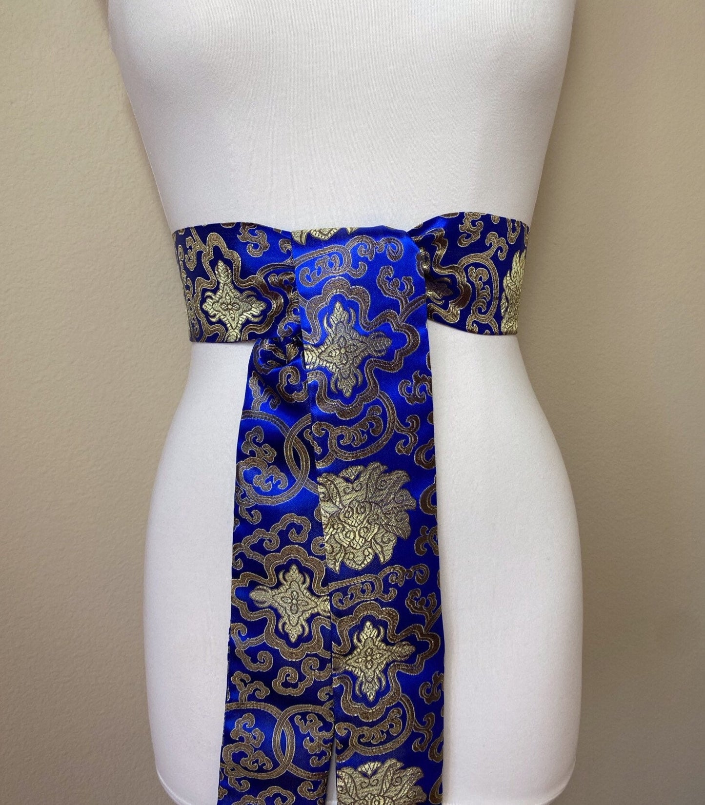 Wide Royal Blue & Gold Chinese Brocade Sash, Blue Brocade Sash Belt, Gold Obi Belt, Kimono Sash Belt, Kimono Belt, Asian Blue, Satin Swank
