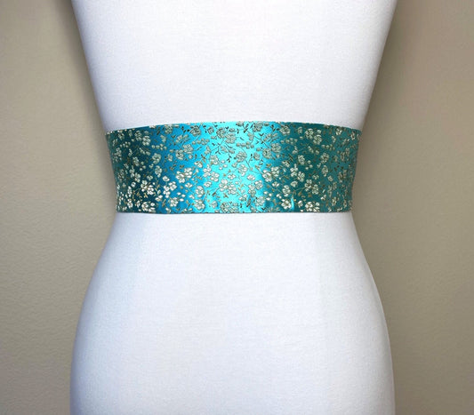 Wide Aqua Floral Sash in Asian Brocade, Floral Sash in Aqua & Gold, Chinese Brocade Belt, Aqua Obi Belt, Gold Floral Kimono Sash Satin Swank