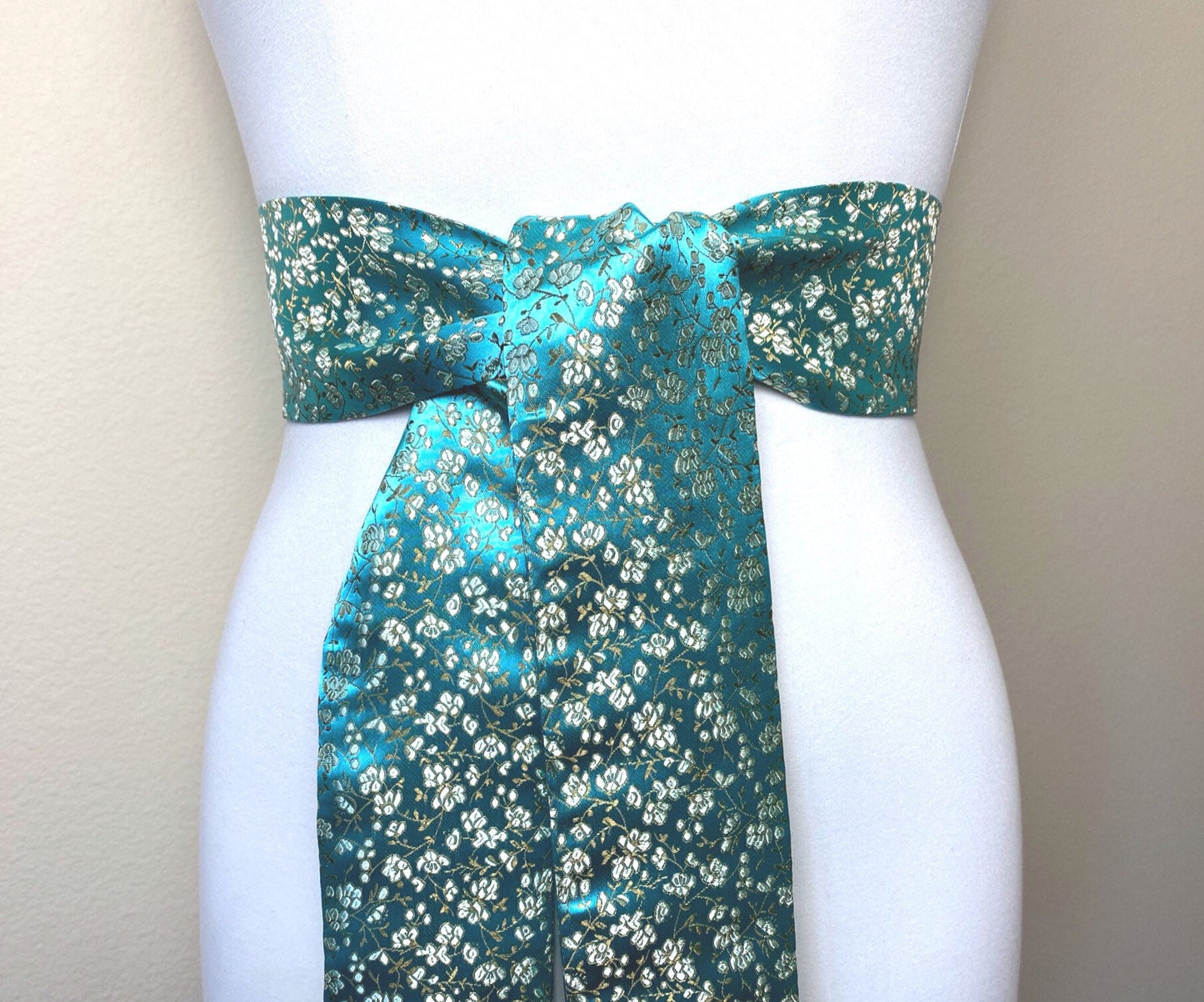 Wide Aqua Floral Sash in Asian Brocade, Floral Sash in Aqua & Gold, Chinese Brocade Belt, Aqua Obi Belt, Gold Floral Kimono Sash Satin Swank