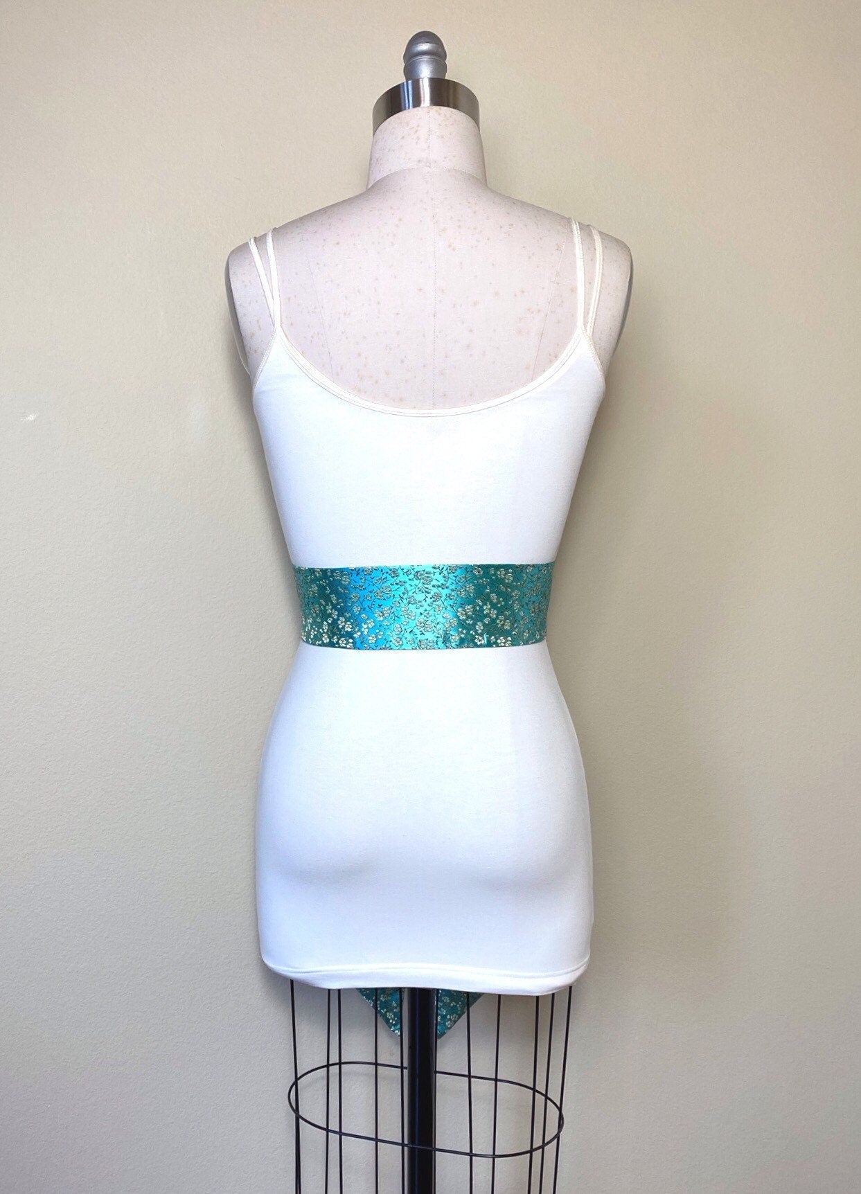 Wide Aqua Floral Sash in Asian Brocade, Floral Sash in Aqua & Gold, Chinese Brocade Belt, Aqua Obi Belt, Gold Floral Kimono Sash Satin Swank