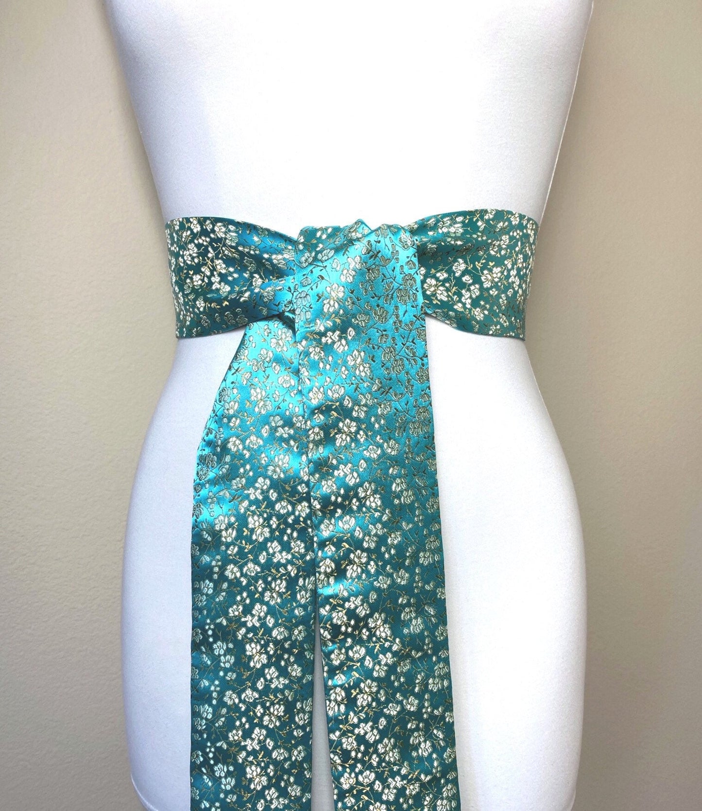 Wide Aqua Floral Sash in Asian Brocade, Floral Sash in Aqua & Gold, Chinese Brocade Belt, Aqua Obi Belt, Gold Floral Kimono Sash Satin Swank