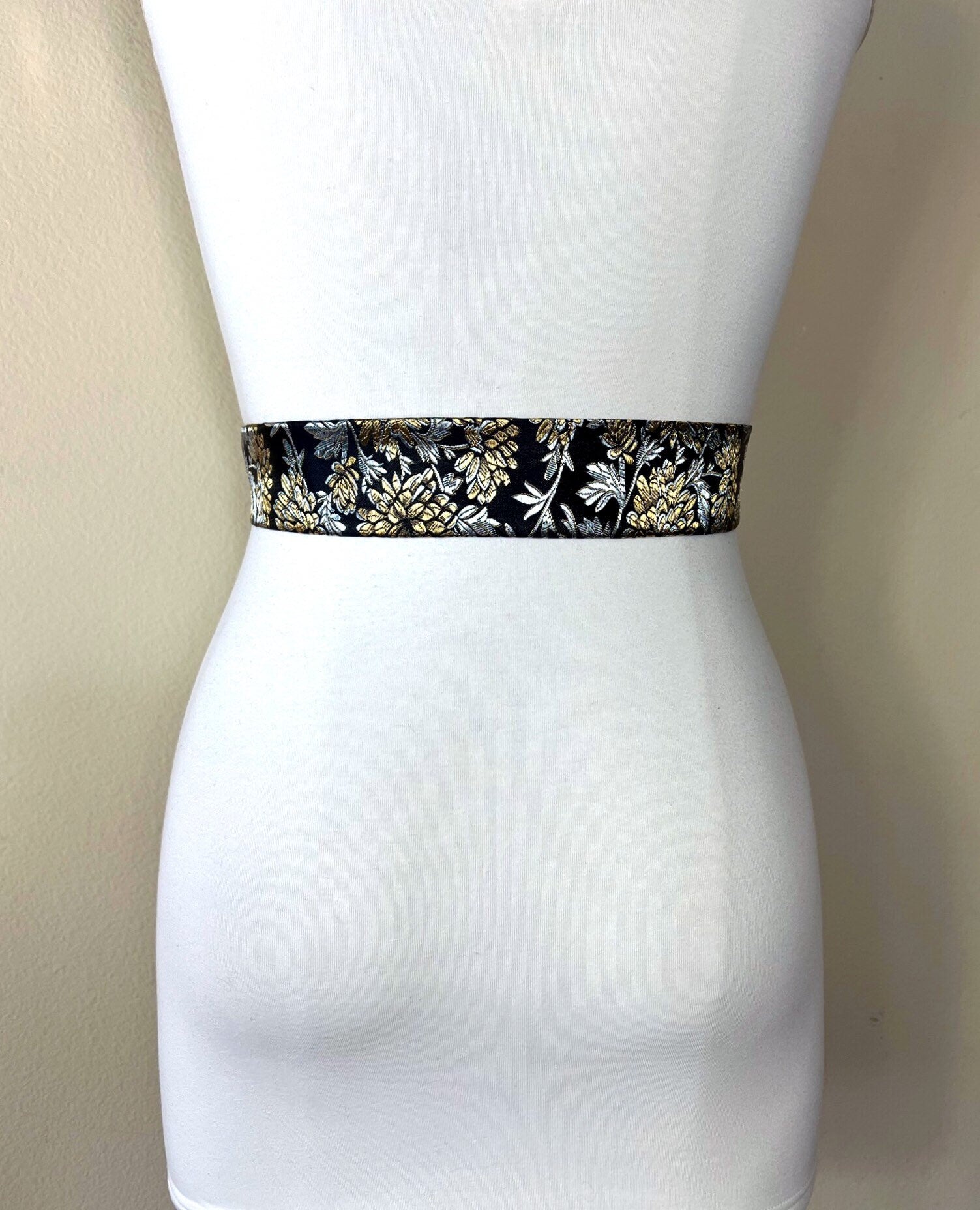Black, Gold & Silver Chinese Brocade Sash, Silver Gold Satin Brocade, Black Silver Gold Obi Belt, Asian Brocade Kimono Belt, Satin Swank