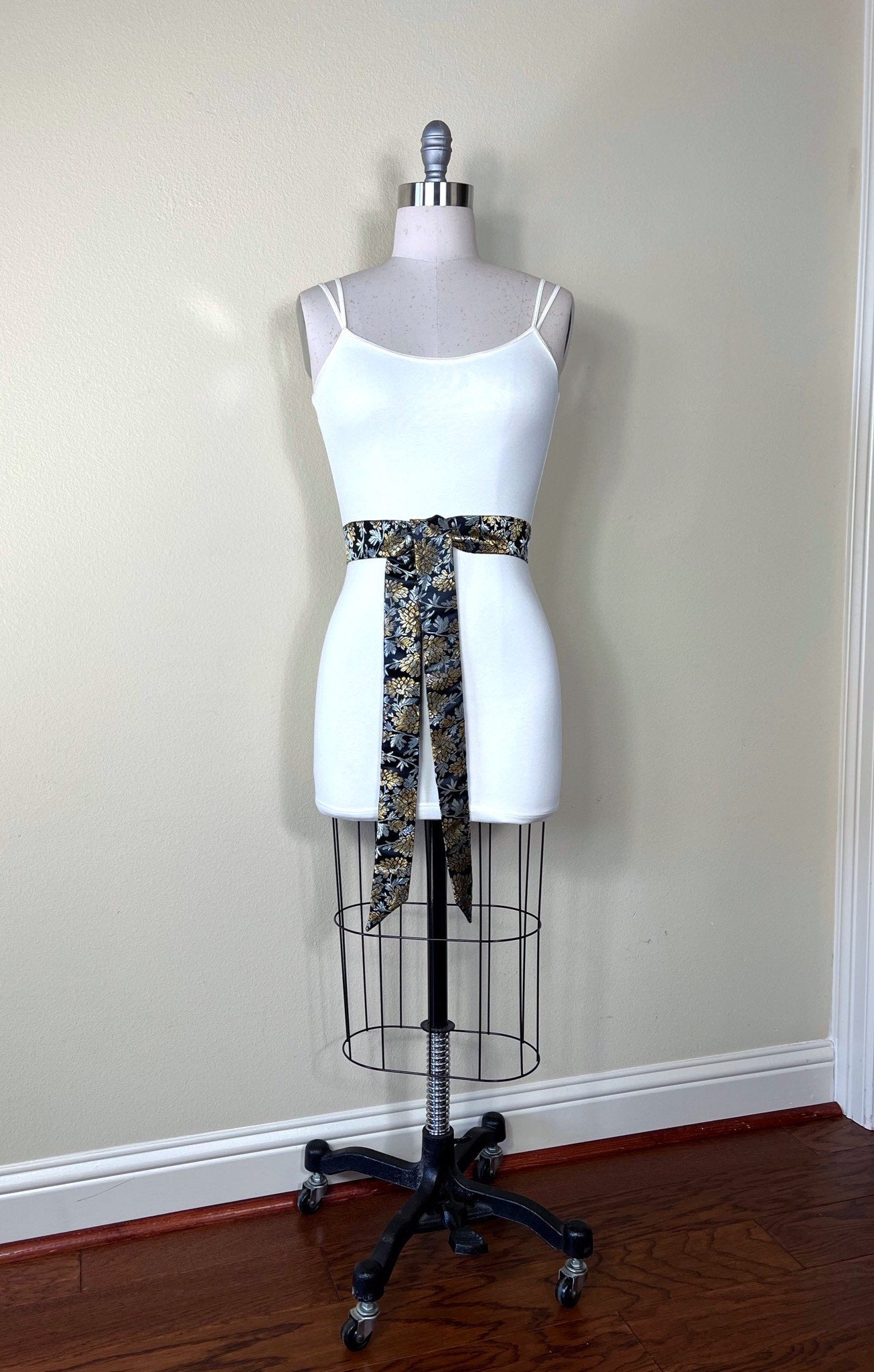 Black, Gold & Silver Chinese Brocade Sash, Silver Gold Satin Brocade, Black Silver Gold Obi Belt, Asian Brocade Kimono Belt, Satin Swank