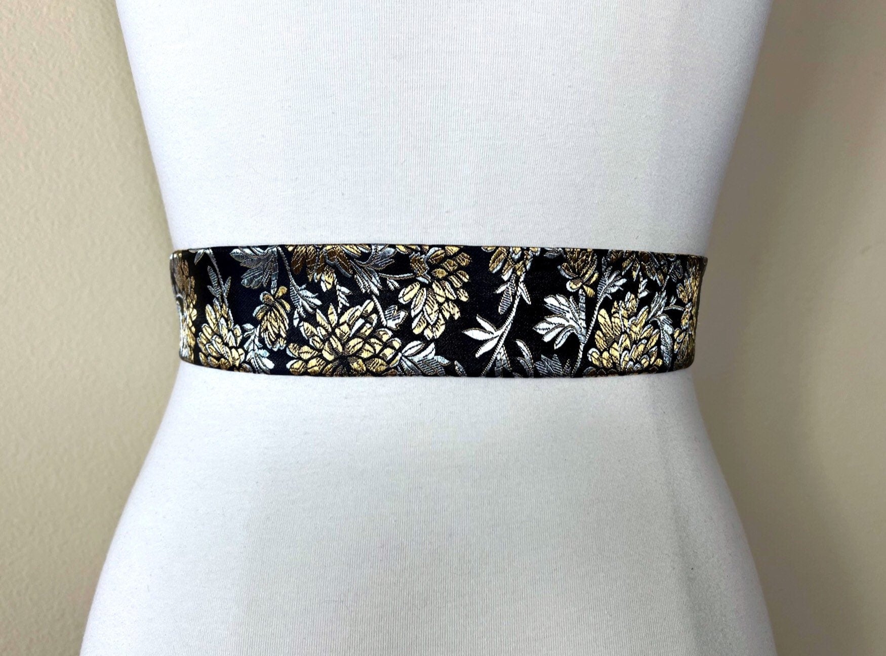 Black, Gold & Silver Chinese Brocade Sash, Silver Gold Satin Brocade, Black Silver Gold Obi Belt, Asian Brocade Kimono Belt, Satin Swank