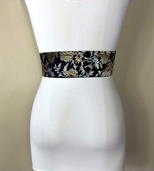 Wide Black, Gold & Silver Chinese Brocade Sash, Silver Gold Satin Brocade, Black Silver Gold Obi Belt, Asian Brocade Kimono Belt Satin Swank