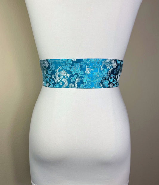 Wide Blue & Silver Chinese Brocade Sash, Chinese Dragon Sash Belt, Blue Silver Sash, Dragon Obi Belt, Asian Brocade Kimono Belt, Satin Swank