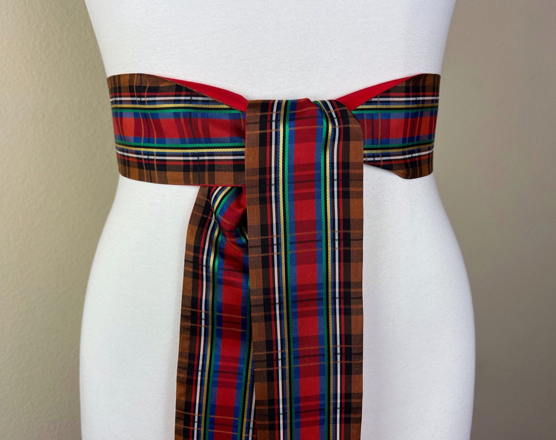 Brown Plaid Taffeta Sash, Brown Tartan Belt, Reversible Holiday Plaid Sash Belt, Tartan Plaid Accessories, Brown Plaid Sash, Satin Swank