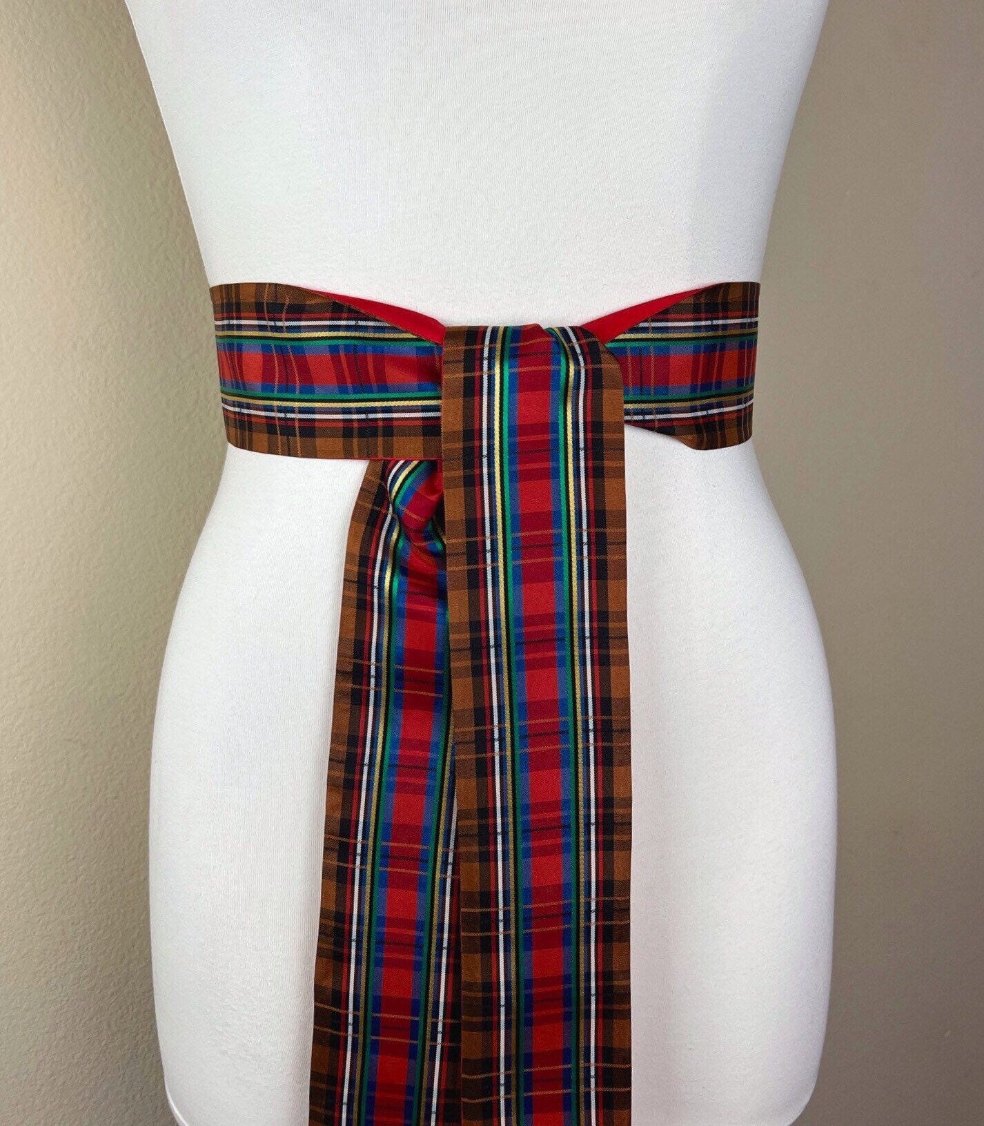 Brown Plaid Taffeta Sash, Brown Tartan Belt, Reversible Holiday Plaid Sash Belt, Tartan Plaid Accessories, Brown Plaid Sash, Satin Swank