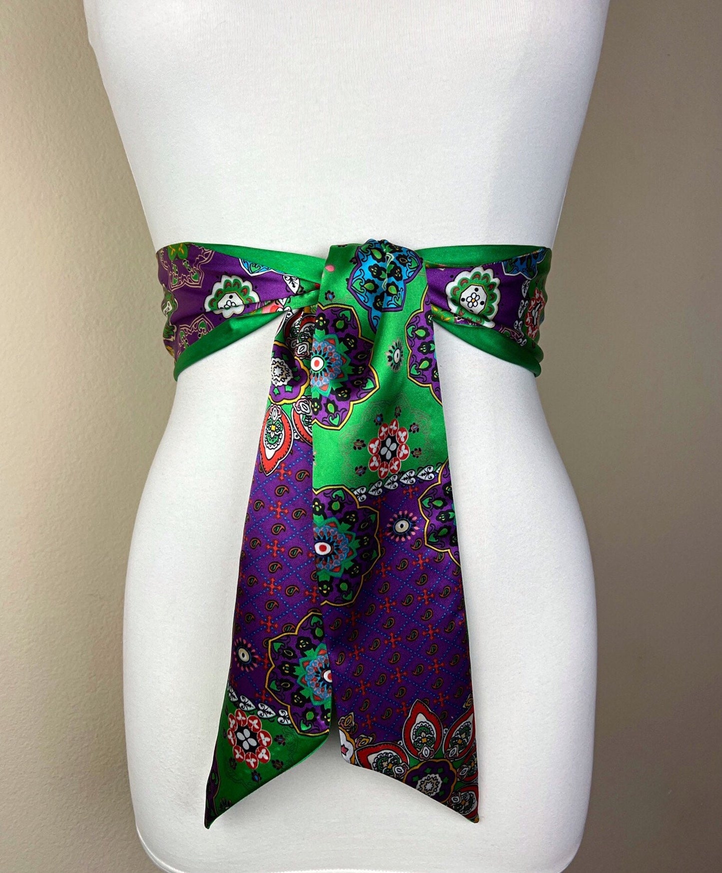 Moroccan Print Sash in Purple & Green, Bohemian Sash Belt, Marrakesh Print Sash Belt, Green Purple Print Sash, Boho Accessories, Satin Swank