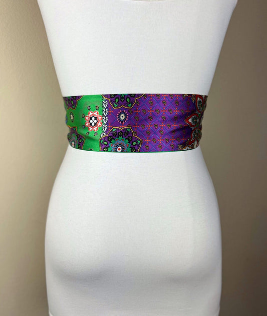 Moroccan Print Sash in Purple & Green, Bohemian Sash Belt, Marrakesh Print Sash Belt, Green Purple Print Sash, Boho Accessories, Satin Swank