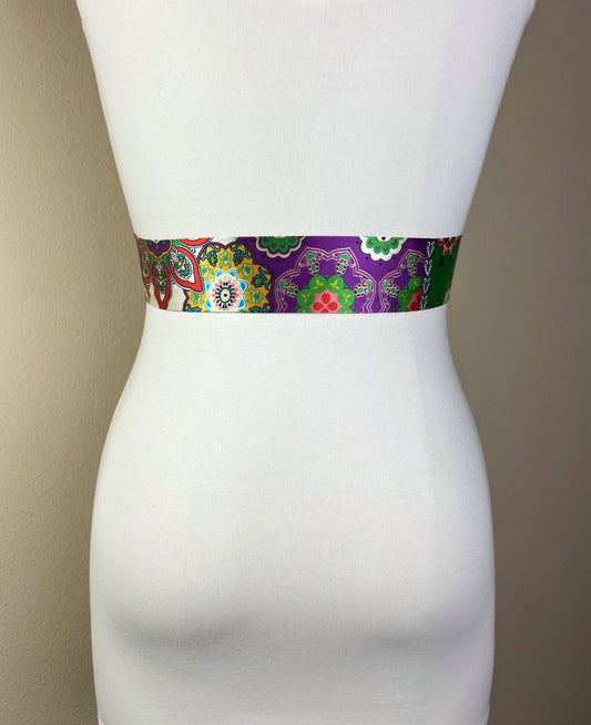 Narrow Moroccan Print Sash, Purple & Green Bohemian Sash Belt, Marrakesh Print Sash, Green Purple Print Sash, Boho Accessories Satin Swank