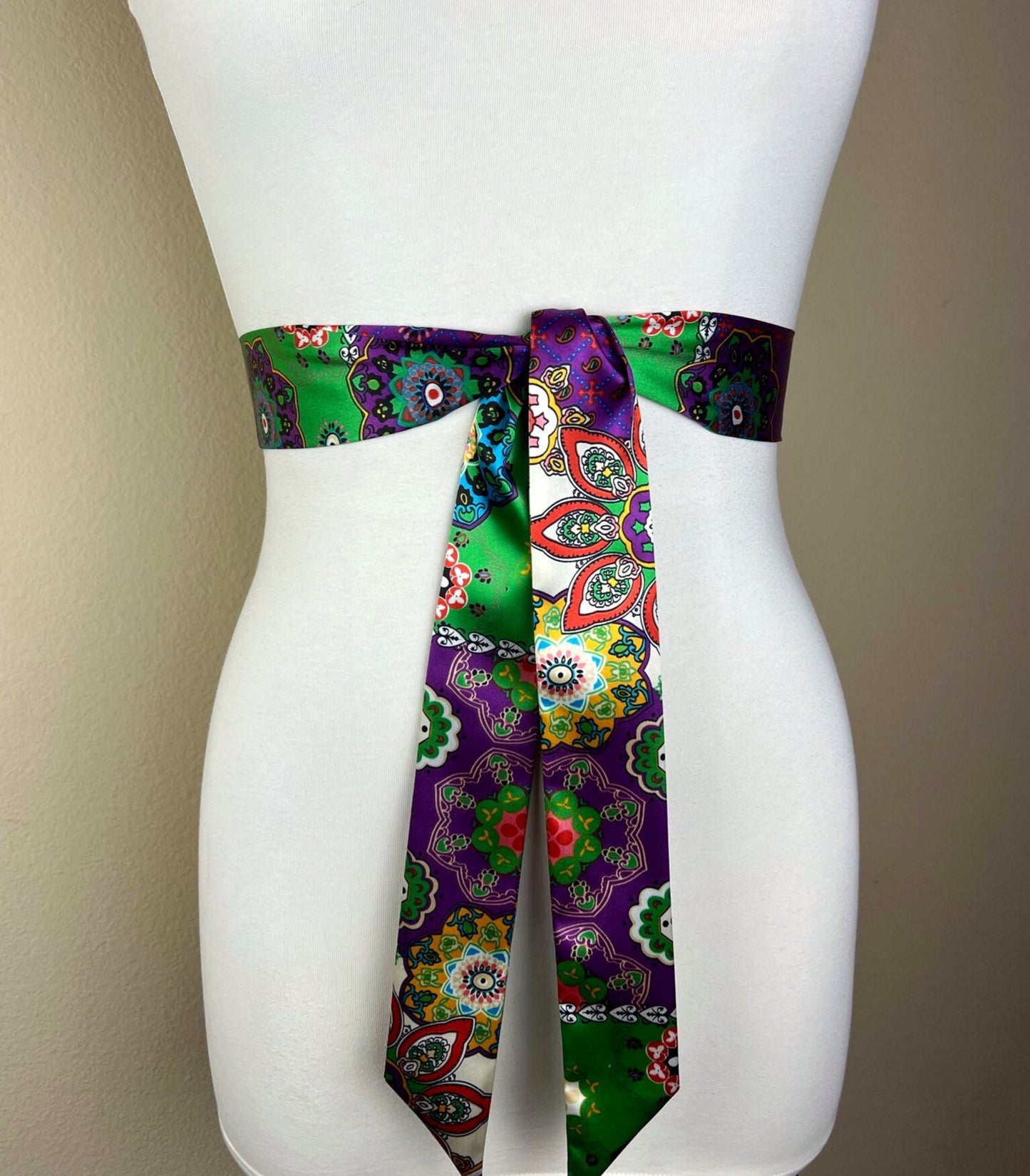 Narrow Moroccan Print Sash, Purple & Green Bohemian Sash Belt, Marrakesh Print Sash, Green Purple Print Sash, Boho Accessories Satin Swank