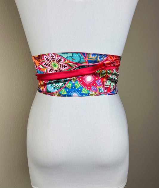 Kaleidoscope Print Sash, Mandala Print Sash Belt, Boho Accessories, Multi Color Sash, Mixed Print Reversible Satin Wrap Belt, Satin Swank