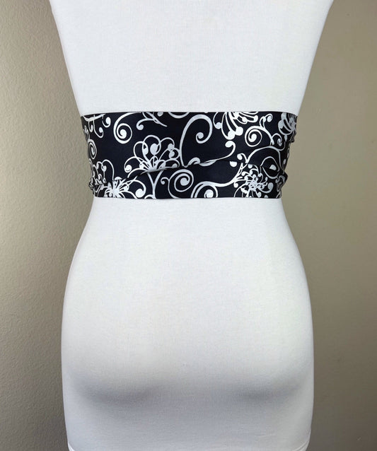 Black & White Sash Belt, Printed White and Black Satin Sash, Reverses to Solid Black Sash, Satin Sash Belt, Black Dress Sash, Satin Swank