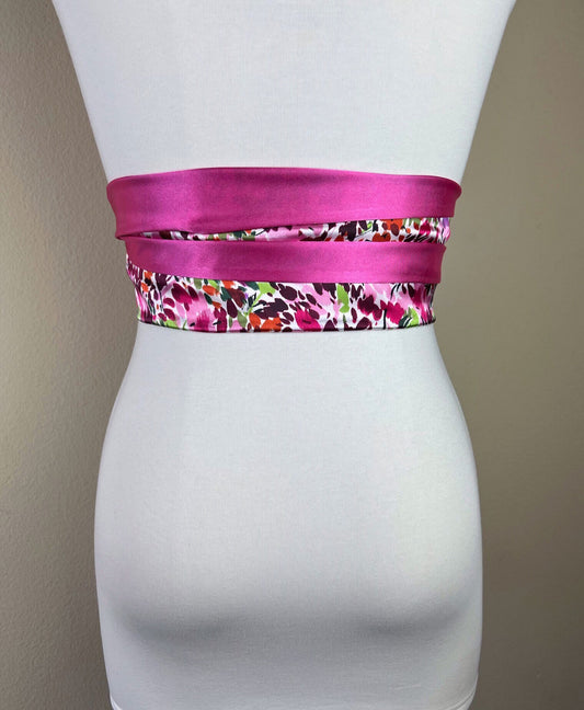 Multi Pink Print Sash, Pink Watercolor Print, Pink Sash Belt, Multi Color Sash, Mixed Print Satin Wrap Belt, Pink Print Sash, Satin Swank