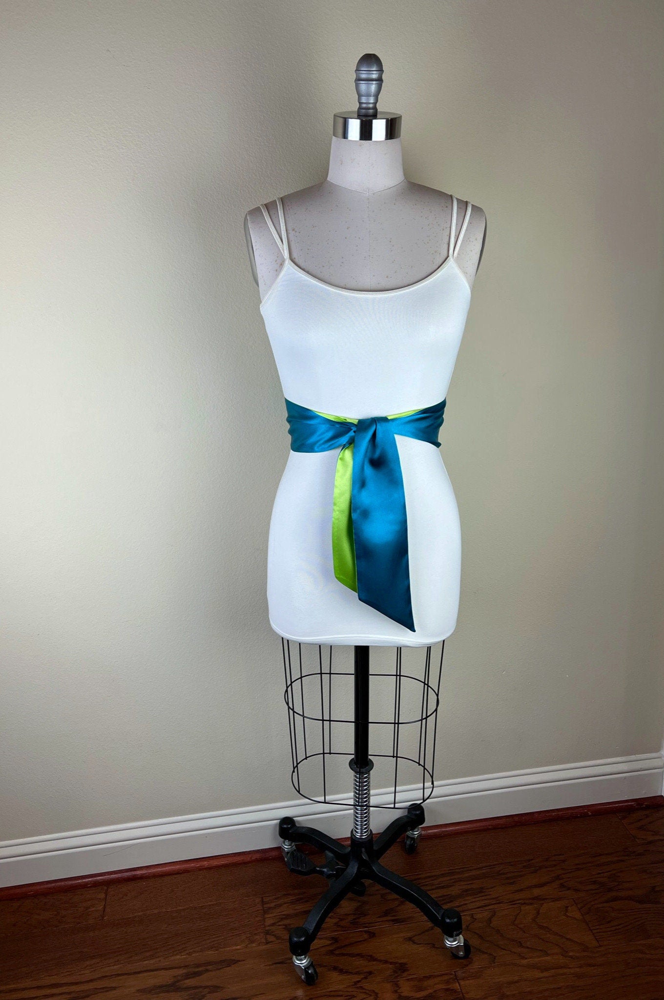 Color Block Teal & Lime Green Satin Sash, Wide Teal Sash Belt, Wide Lime Green Sash, Green Blue Sash Belt, Color Block Sash Belt Satin Swank
